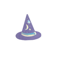 Purple witch hat cocktail napkin with iridescent moon and stars on white background.