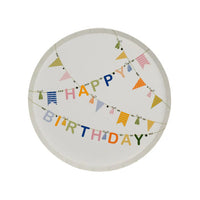 Single Happy Birthday bunting dessert plate on a white background.
