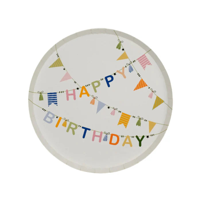 Single Happy Birthday bunting dessert plate on a white background.