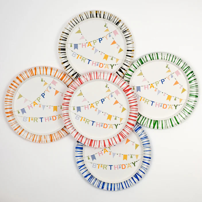 five Happy Birthday plates arranged in a circle showing striped rims in black, green, orange, red, and blue.