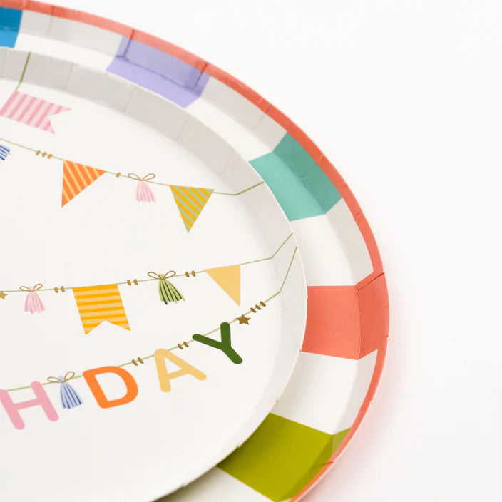 Nested plates showing color block rim under a smaller Happy Birthday bunting dessert plate.
