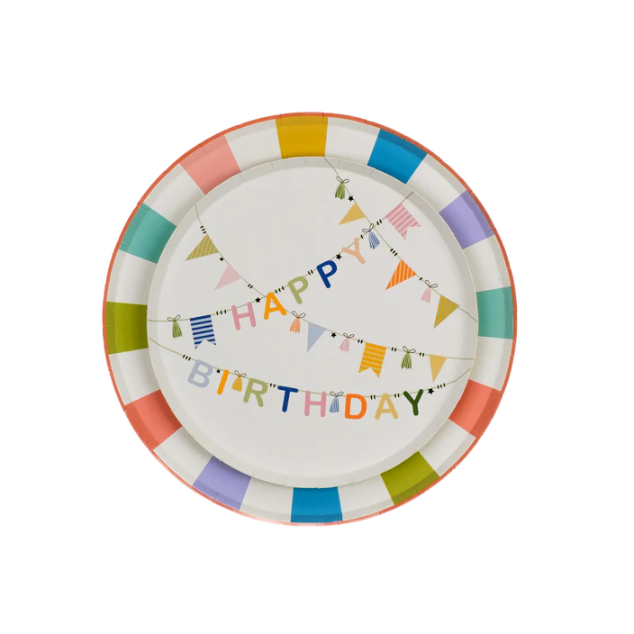 Product view of two stacked plates with color block rim and bunting center on white background.