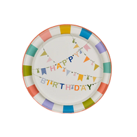 Product view of two stacked plates with color block rim and bunting center on white background.