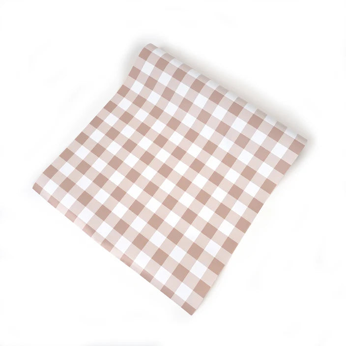 Flat lay of the brown gingham runner showing the full check repeat
