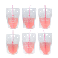 Second grid of six drink pouches with additional “most likely to” quotes including order pizza to the club and text my ex.