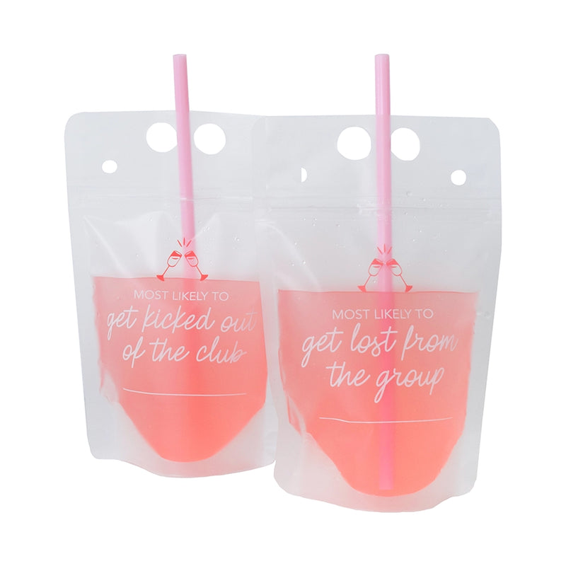 Two drink pouches upright showing “most likely to get kicked out of the club” and “most likely to get lost from the group” sayings.