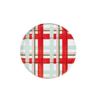 Overhead product shot of cheerful plaid small plate with red, mint, pink, and forest green grid.