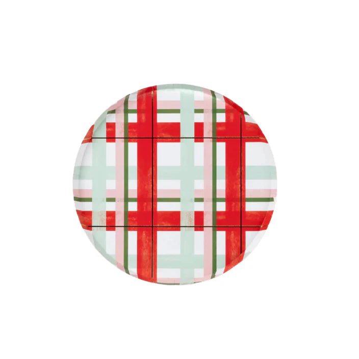 Overhead product shot of cheerful plaid small plate with red, mint, pink, and forest green grid.