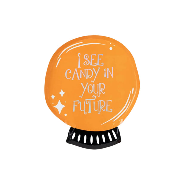 Product image of a single orange crystal ball plate with black stand and foil I See Candy In Your Future text.