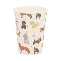 Single 12 oz dog party cup on white background with dog illustrations and balloons.