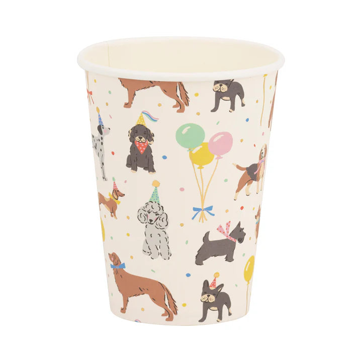 Single 12 oz dog party cup on white background with dog illustrations and balloons.