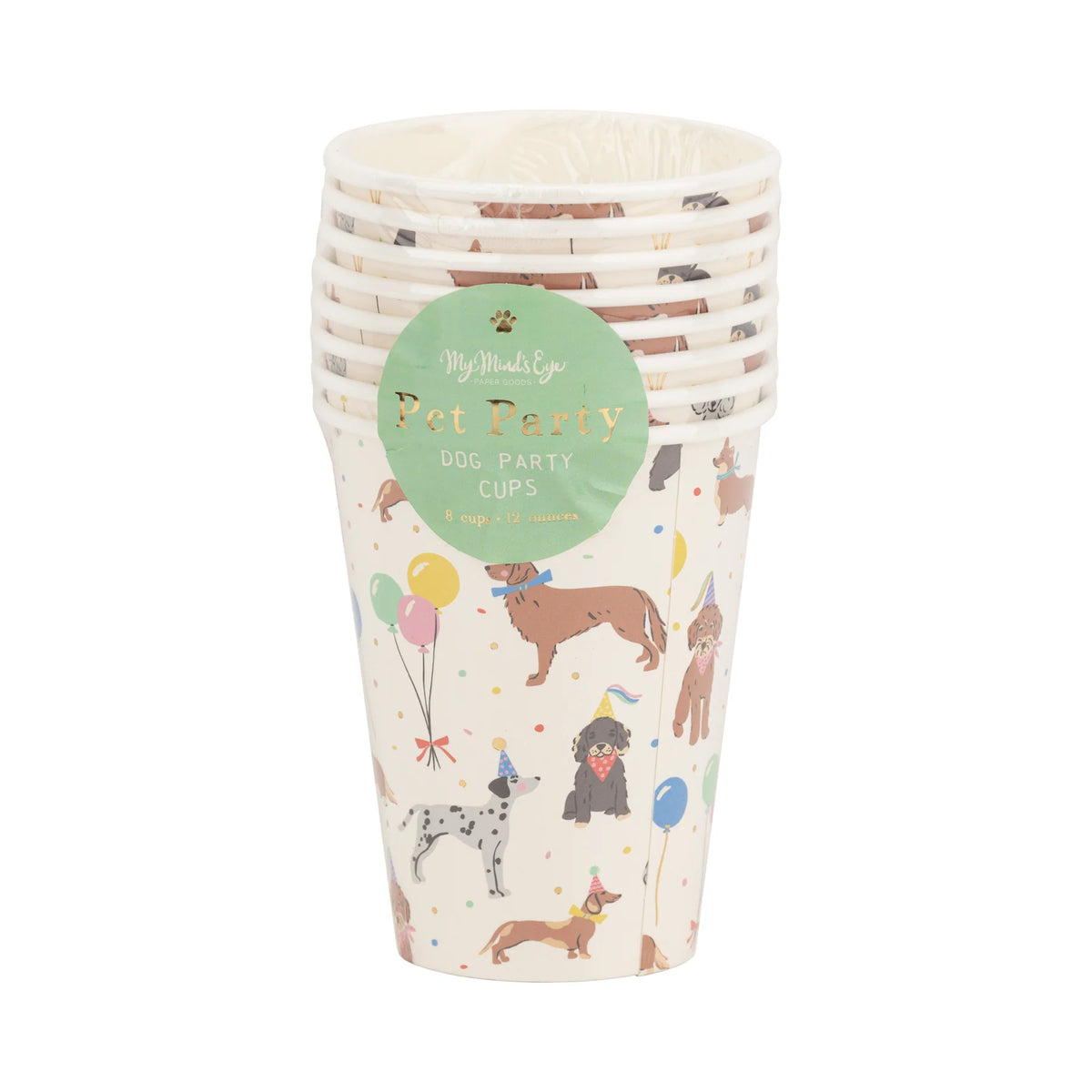 Retail sleeve of eight Dog Party Cups with allover dog birthday print and green label.