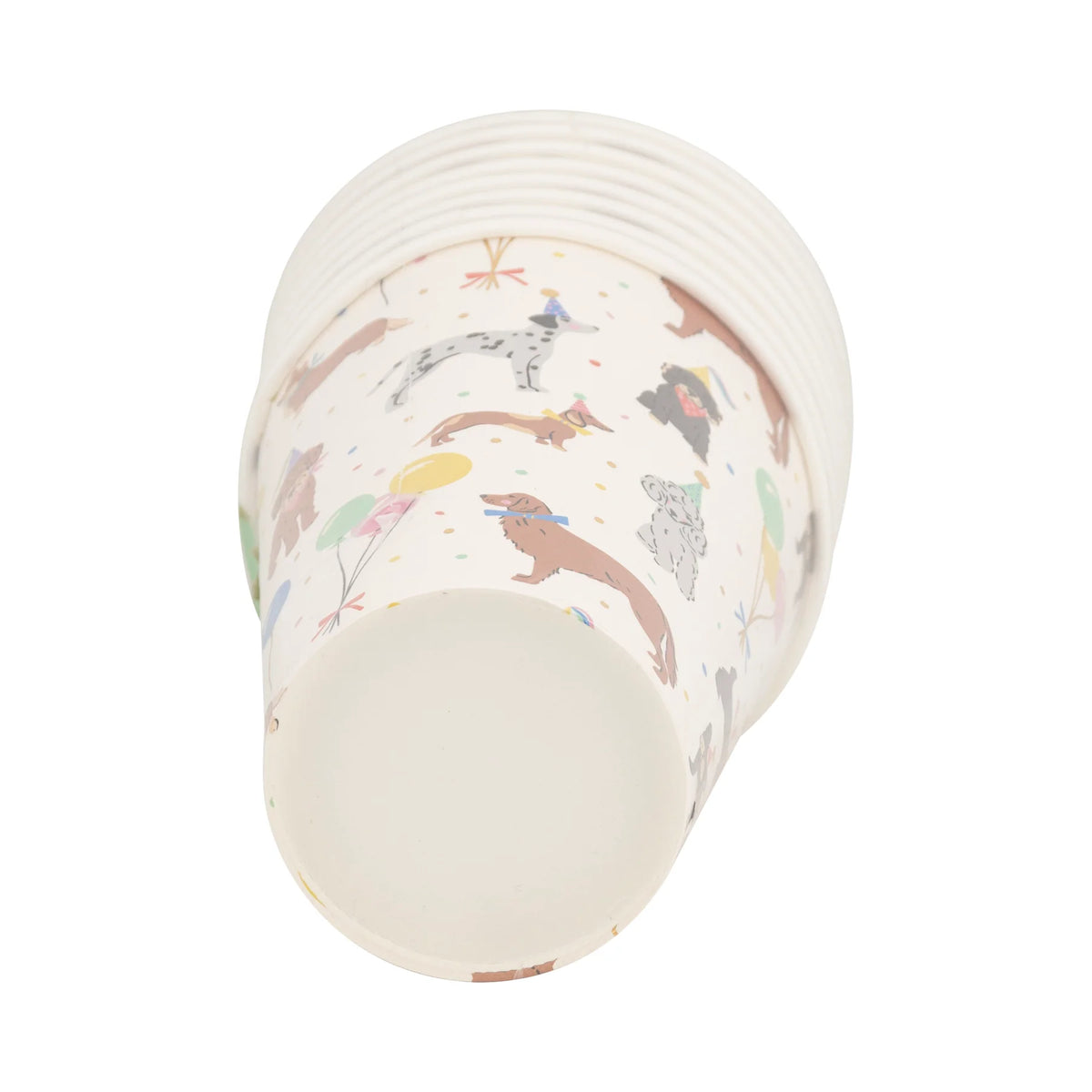 Stacked 12 oz dog party cups shown from the base, cream cups with party dogs, balloons, and confetti.