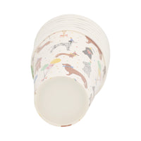 Stacked 12 oz dog party cups shown from the base, cream cups with party dogs, balloons, and confetti.