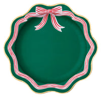 Elegant green dinner plate with peppermint bow and gold rim, 11" Christmas paper plates