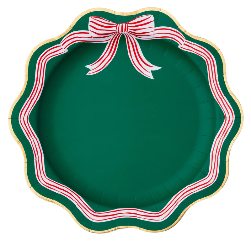Elegant green dinner plate with peppermint bow and gold rim, 11" Christmas paper plates