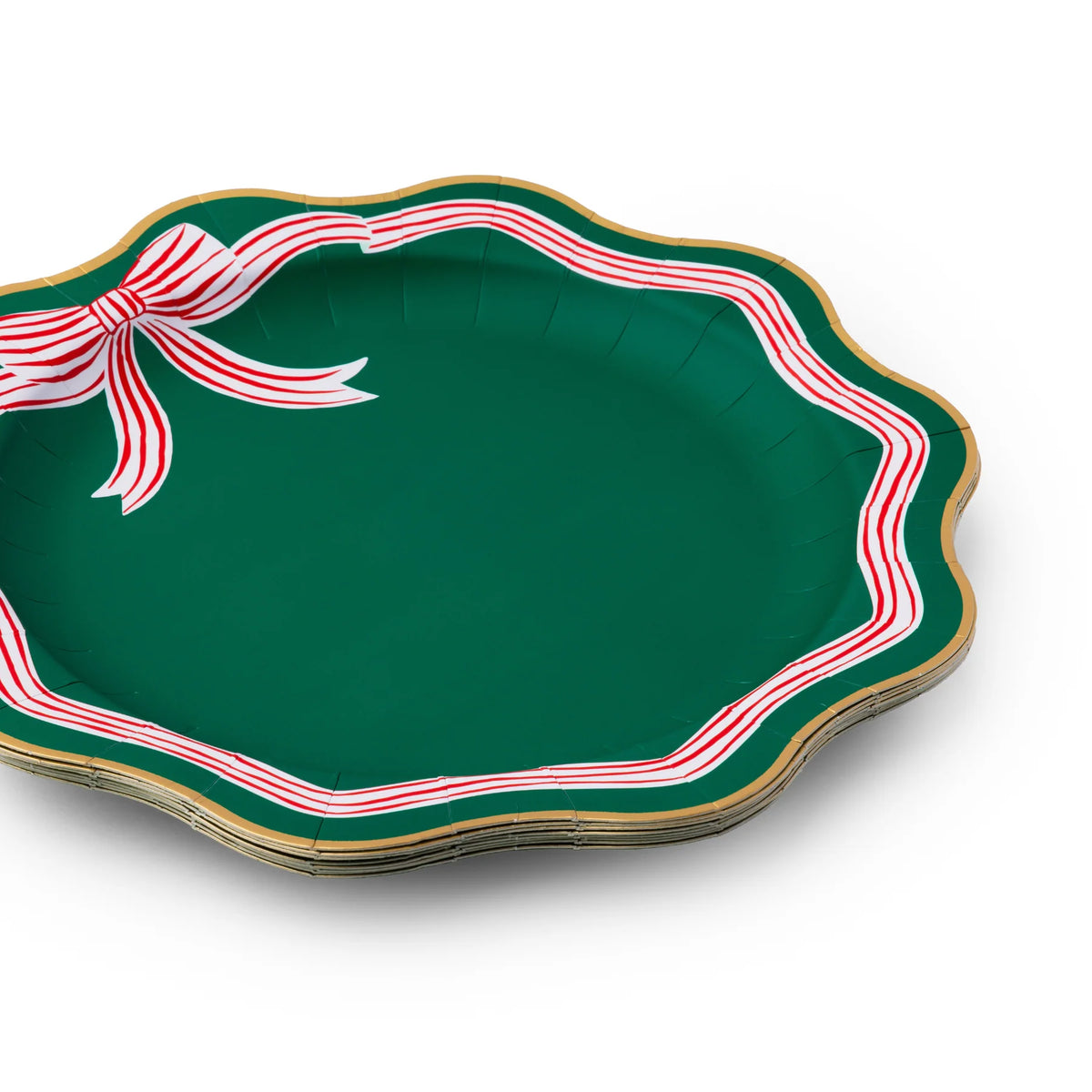 Side stack showing scalloped rim detail on green holiday dinner plates green paper plates