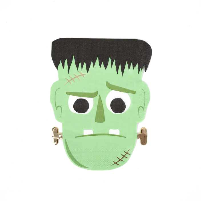 Single Frankenstein face napkin on white background showing green face, black hair, and bolts.