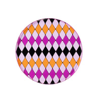 Product shot of round harlequin diamond Halloween dinner plate on a white background.