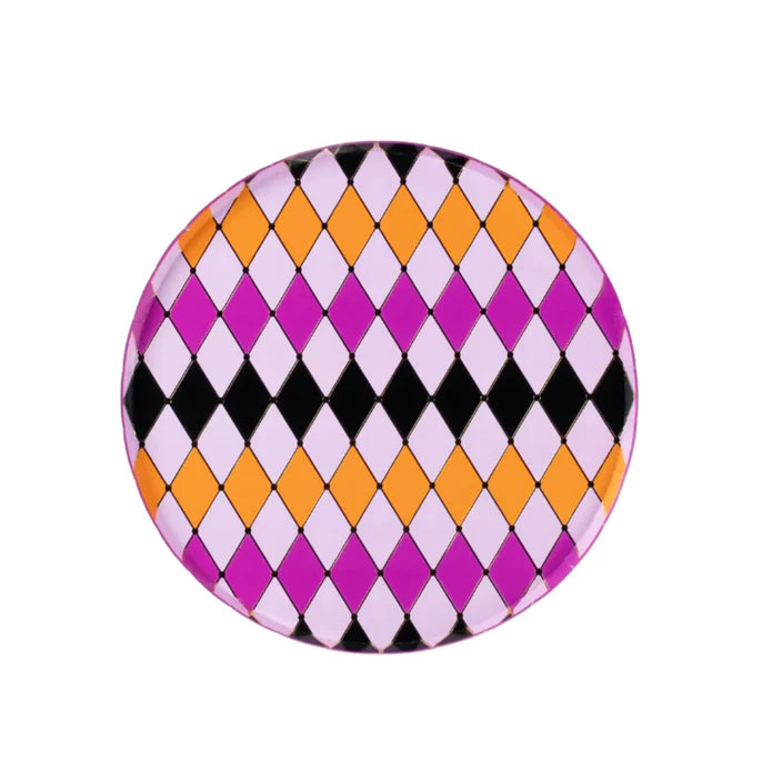 Product shot of round harlequin diamond Halloween dinner plate on a white background.