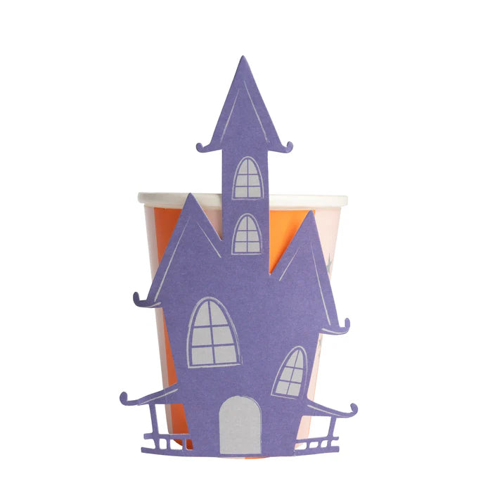 Product image of haunted house topper on 9 oz pink and orange striped Halloween cup.