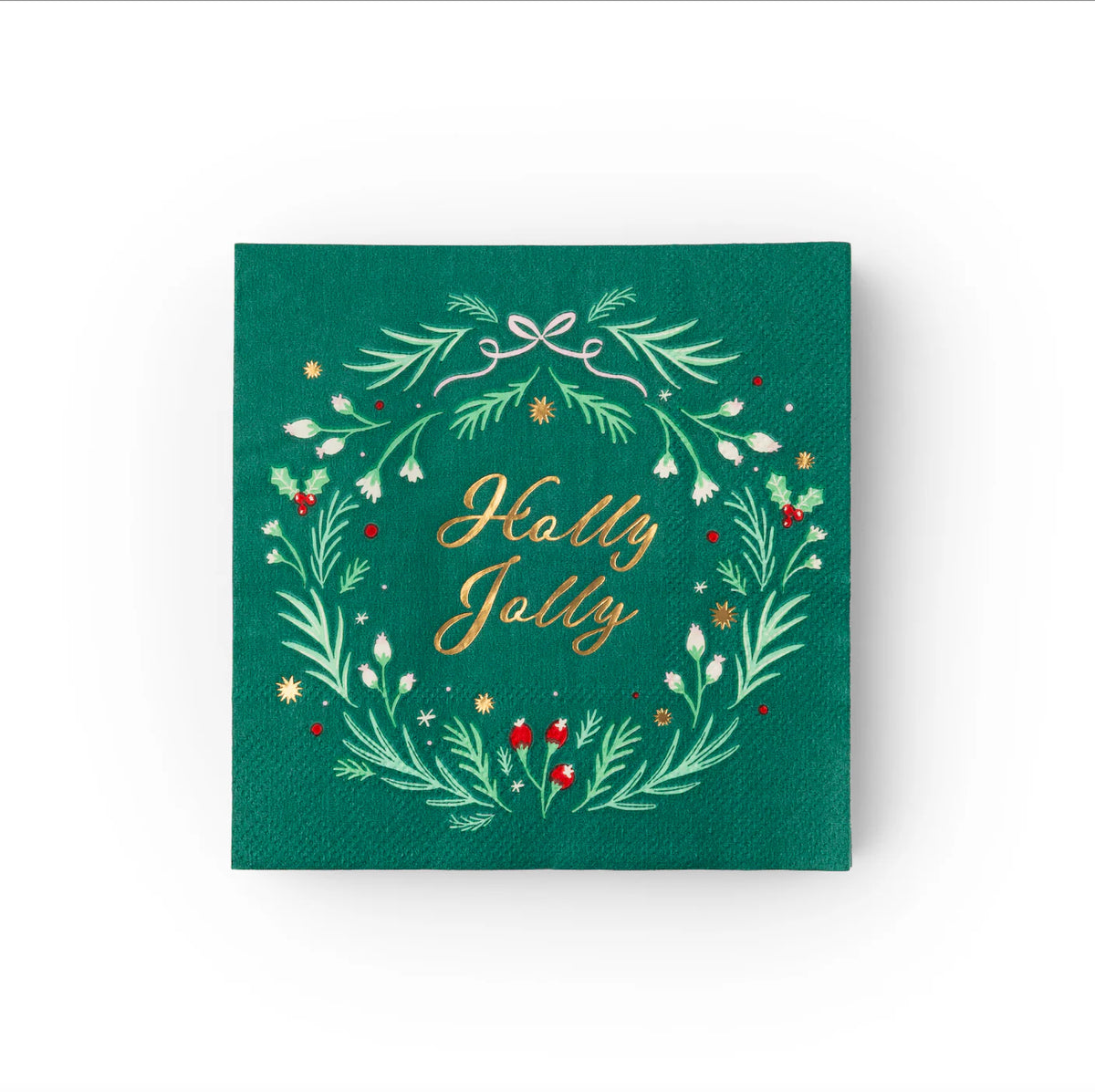 Front view of wreath design reading Holly Jolly on Christmas party napkins