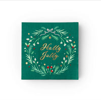 Front view of wreath design reading Holly Jolly on Christmas party napkins