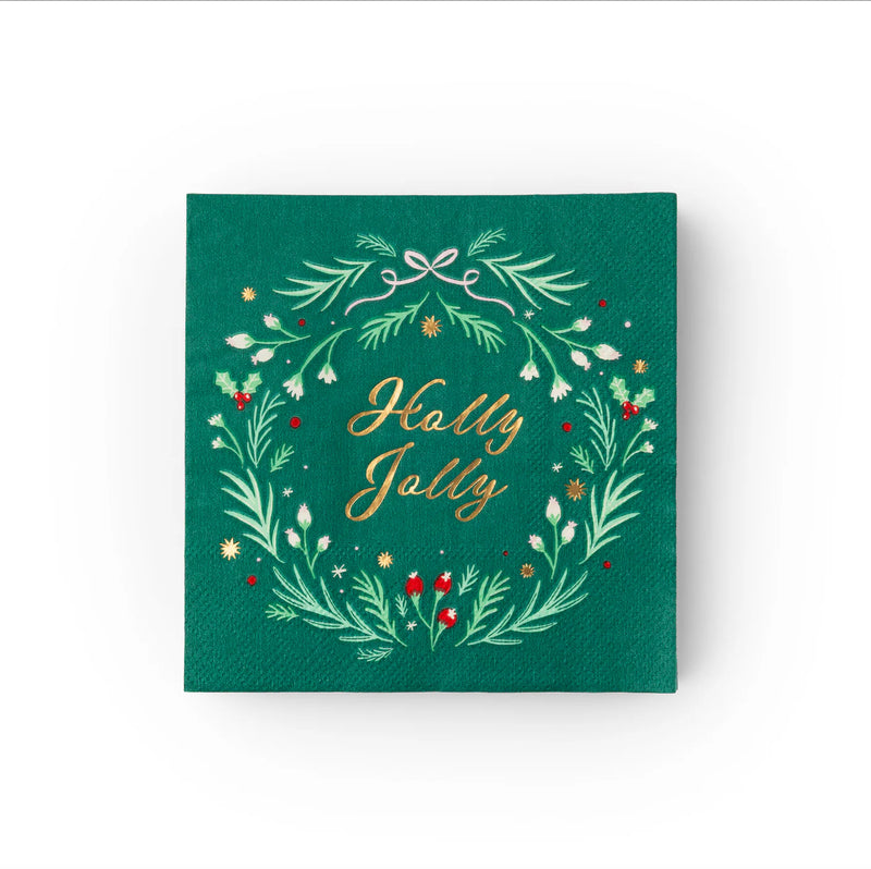 Front view of wreath design reading Holly Jolly on Christmas party napkins