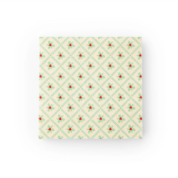Front view of lattice holly design on Christmas party napkins for holiday table decor