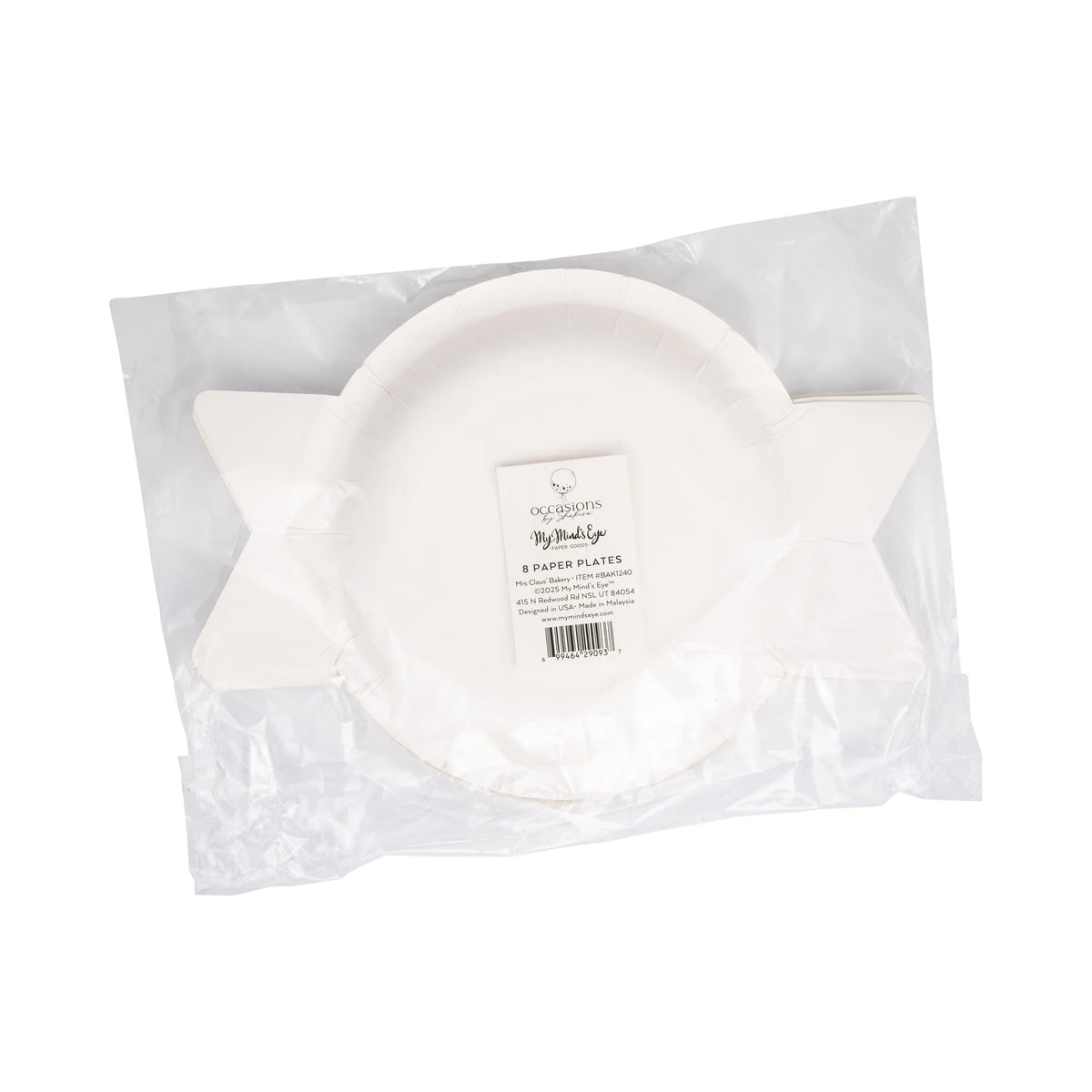 Back view of packaged “Mrs. Claus’ Bakery” shaped Christmas paper plates, set of 8