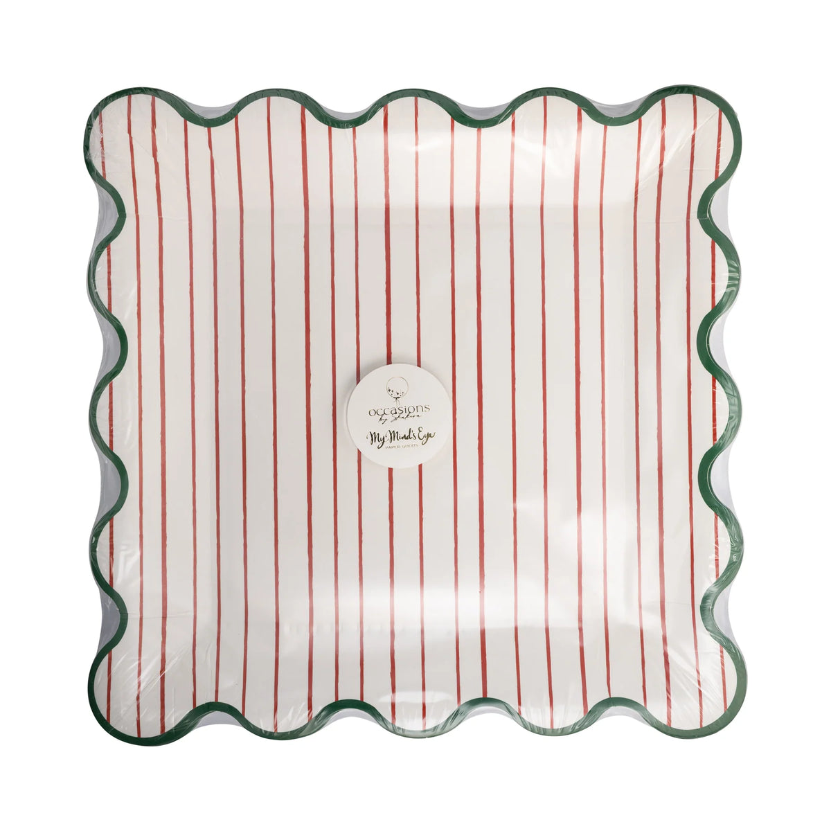 Front of packaged Mrs. Claus Bakery square Christmas paper plates with red pinstripes and green border