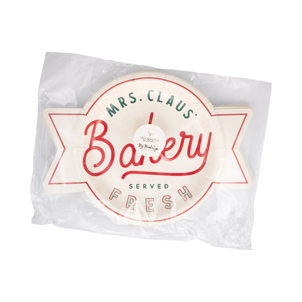 Front view of packaged “Mrs. Claus’ Bakery” shaped dessert plate in cream with red and green lettering