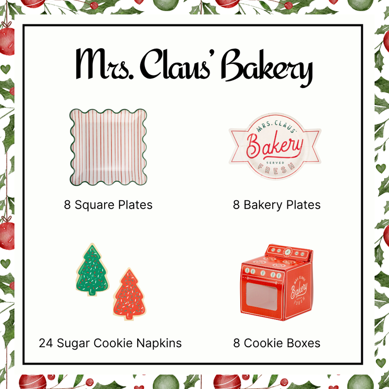 Mrs. Claus’ Bakery 4-piece Christmas party kit—striped plate, bakery plate, tree cookie napkins, and oven Christmas treat boxes—styled for a cookie bar.