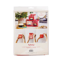 Back-of-pack instructions and stacked red oven Christmas treat boxes with cupcakes