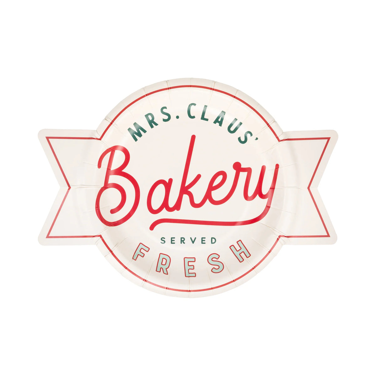 Single “Mrs. Claus’ Bakery” shaped dessert plate, cream with festive red and green text