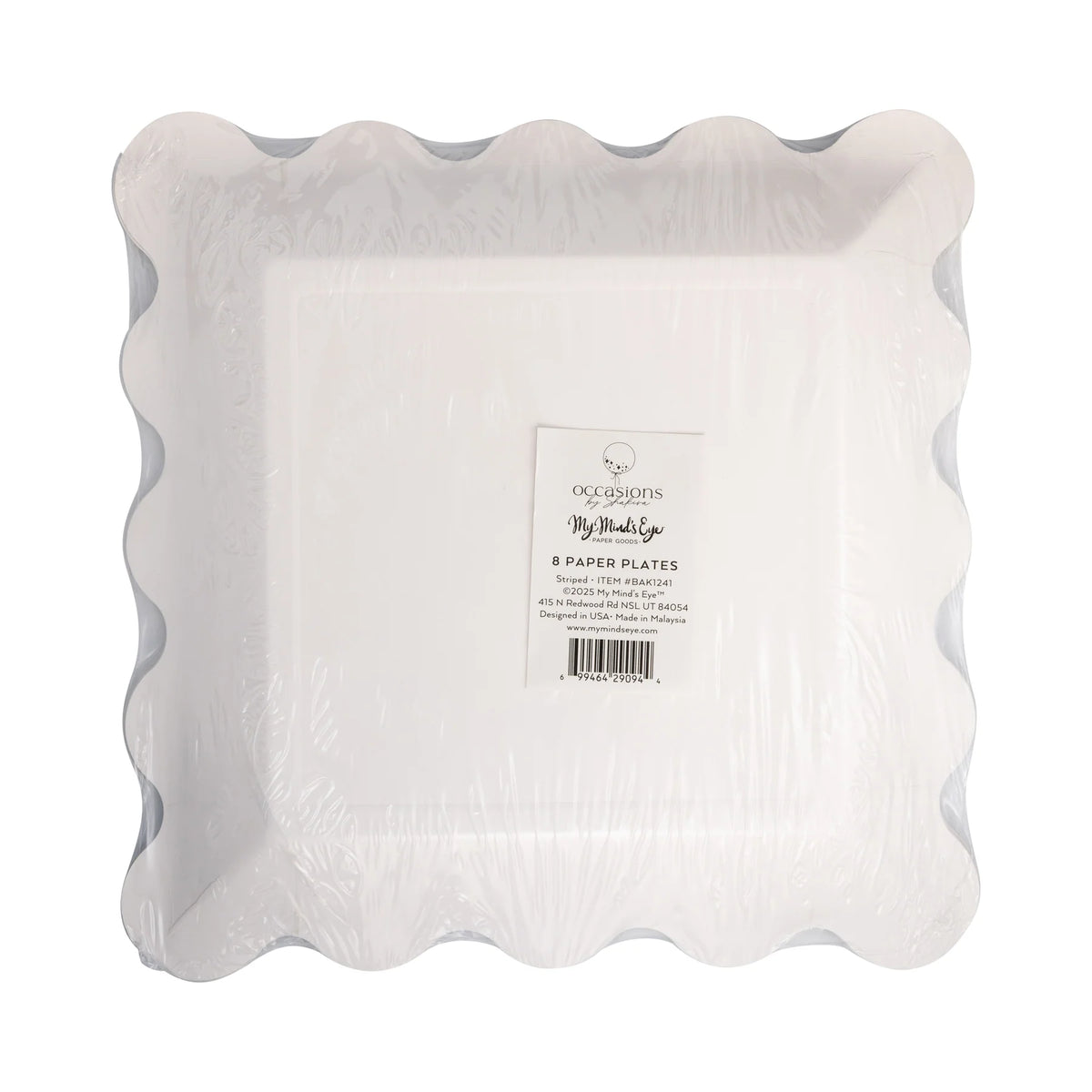 Back view of packaged square plate with scalloped rim, 9" striped paper plates set of 8