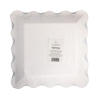Back view of packaged square plate with scalloped rim, 9" striped paper plates set of 8