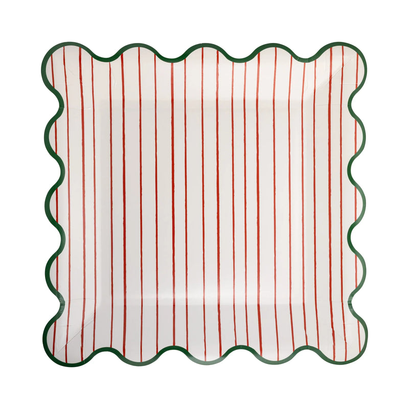 Single square plate with red vertical stripes and green scalloped rim, 9 inch