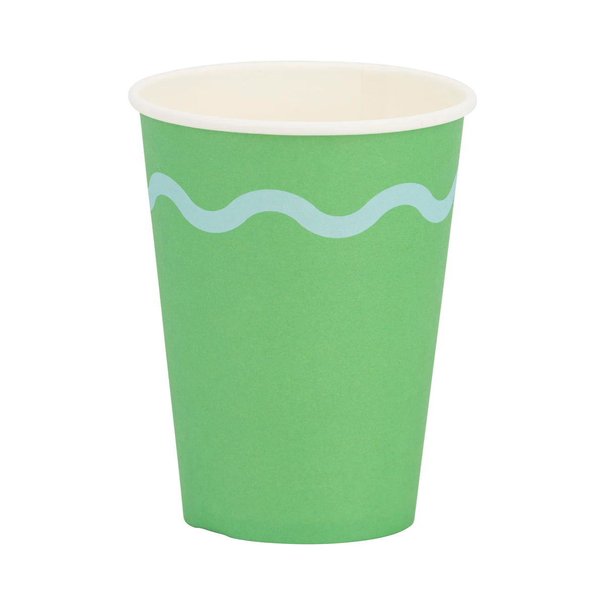 Single green 12 oz party cup with light blue wavy stripe on white background.