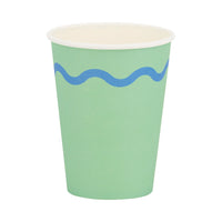 Single mint 12 oz party cup with royal blue wavy stripe on white background.