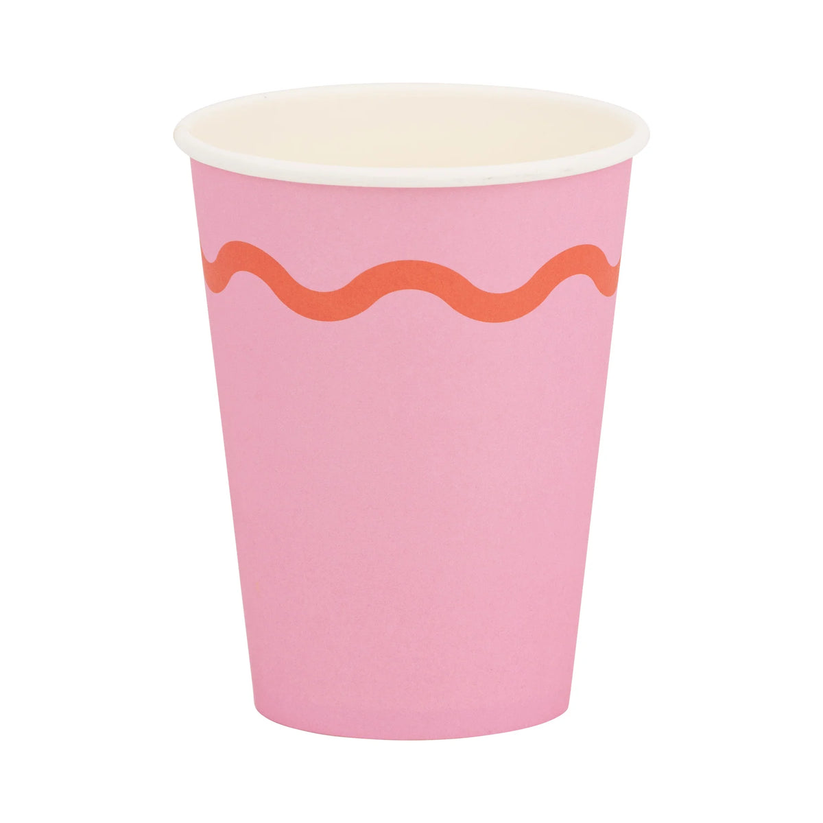 Single pink 12 oz party cup with orange wavy stripe on white background.