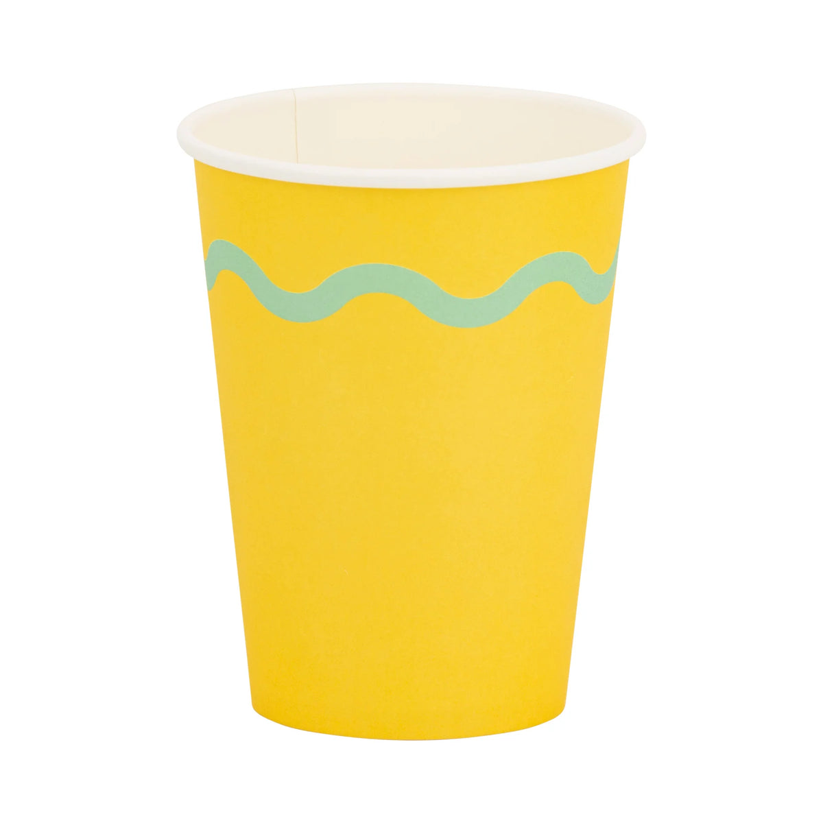 Single yellow 12 oz party cup with mint wavy stripe on white background.