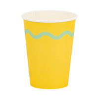 Single yellow 12 oz party cup with mint wavy stripe on white background.