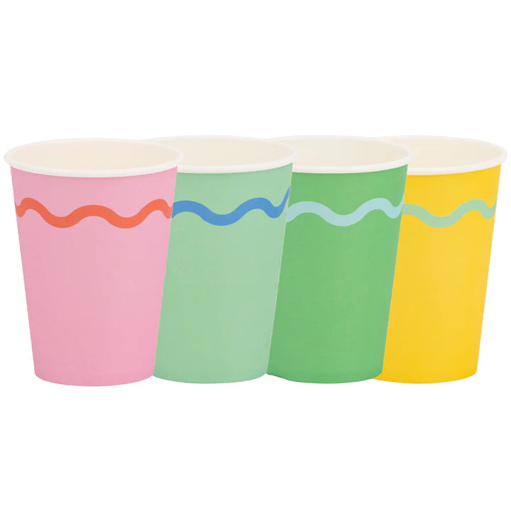 Lineup of four 12 oz party cups in pink, mint, green, and yellow showing the wavy stripe detail.