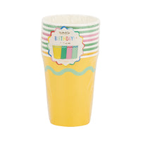 Retail sleeve showing eight 12 oz party cups in yellow, green, mint, and pink with wavy stripe.