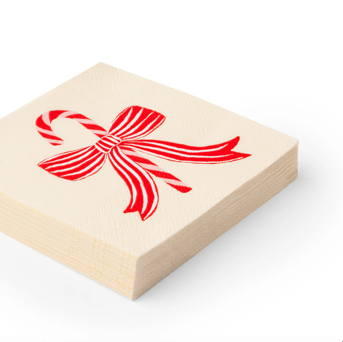 Stack of cream cocktail napkins with red candy cane bow for candy cane Christmas parties