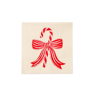 Front view of cocktail napkin showing peppermint bow and candy cane design Christmas napkins