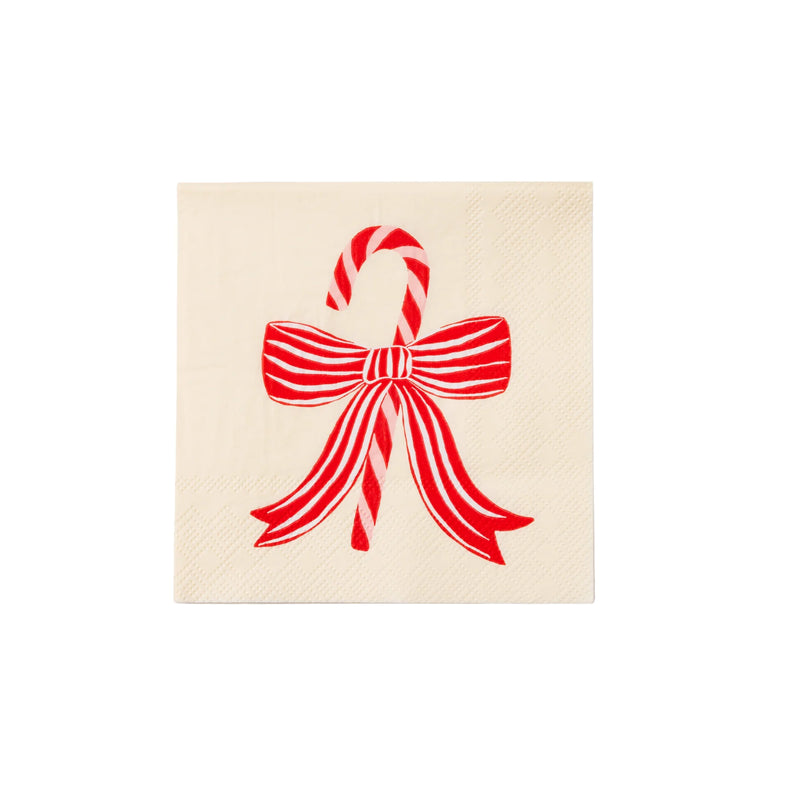 Front view of cocktail napkin showing peppermint bow and candy cane design Christmas napkins