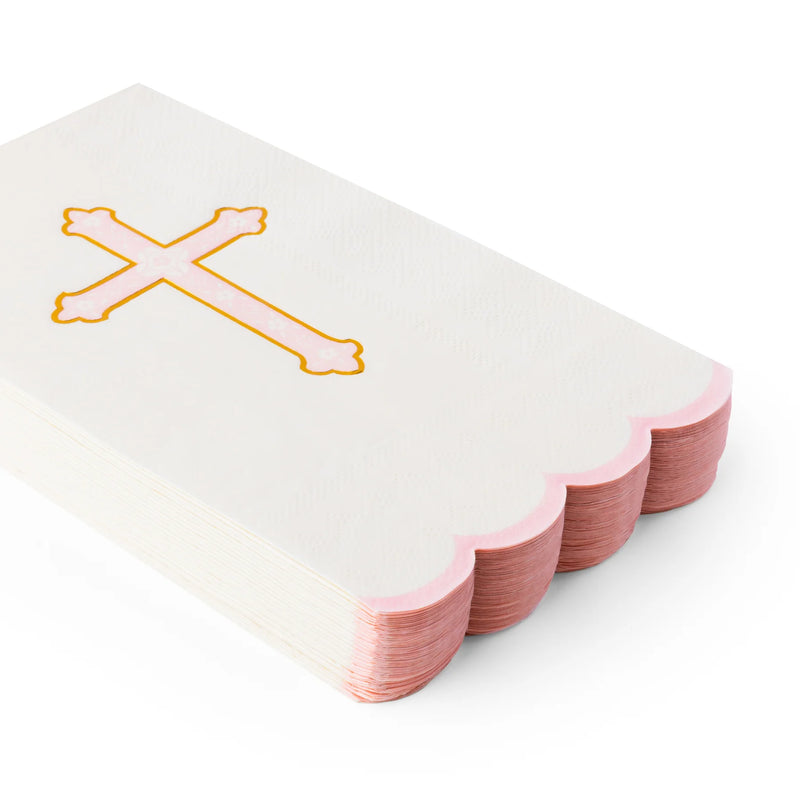 Stack of petal pink cross guest towels with scalloped edge for baptism napkins
