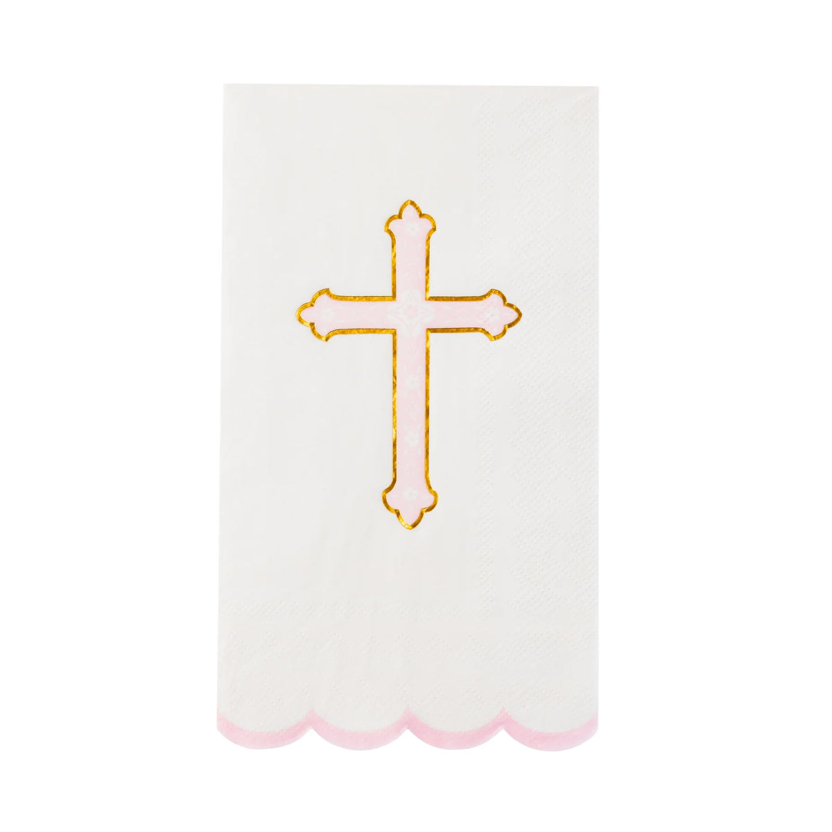 Single guest towel showing pink cross and gold trim, ideal first communion napkins
